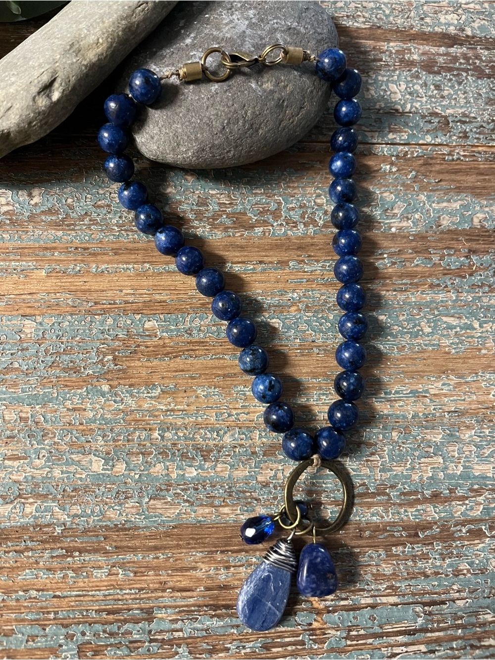 Blue Lapis and Sodalite gemstone Beaded Pendant Necklace with Triple Charms